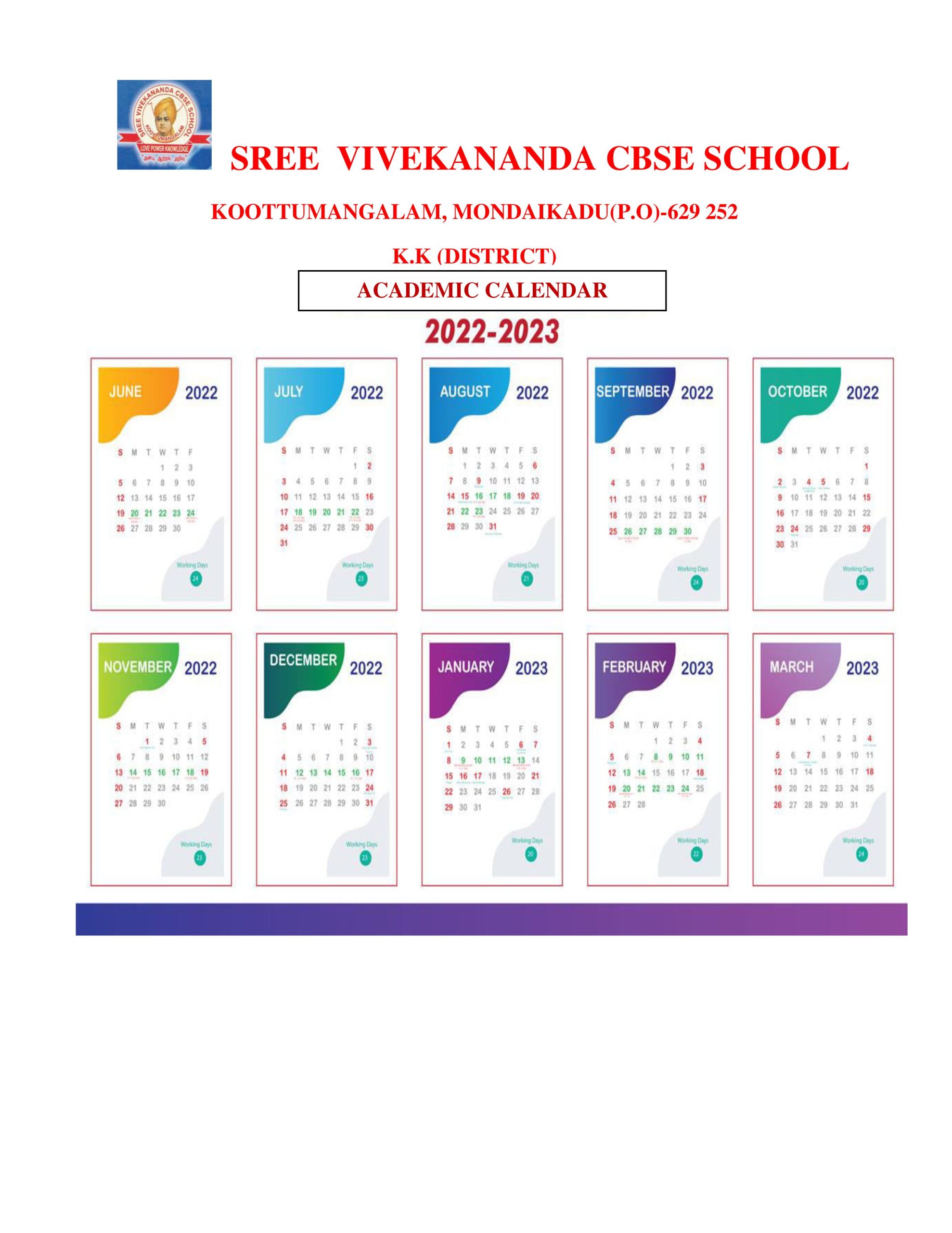 ACADEMIC CALENDER Sree Vivekananda CBSE School